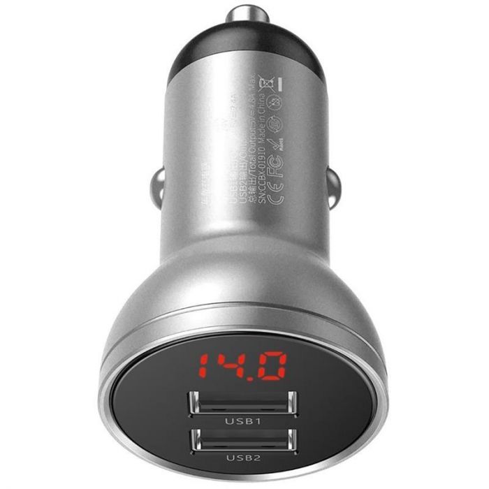 Автомобільний зарядний пристрій Baseus Digital Display (2хUSB, 4.8A) Silver (CCBX-0S)