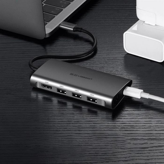 Концентратор USB Type-C Ugreen CM121 3xUSB 3.0 + HDMI + RJ45 1000M Ethernet + Cardreader, Gray (50538)