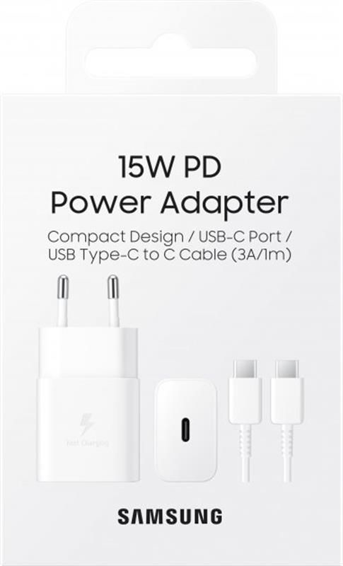 Мережевий зарядний пристрій Samsung 15W (1USBx3A) White (EP-T1510XWEGRU) + кабель Type-C