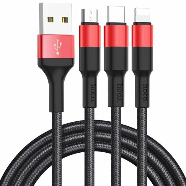 Кабель Hoco X26 XPress Charging 3in1 USB - Lightning/micro USB/USB-C (M/M), 2A, 1 м, Black/Red (K22852)