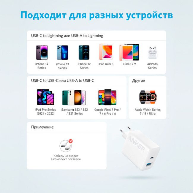 Мережевий зарядний пристрій Anker PowerPort 312 White, 20 W USB Type-C (A2348G21)