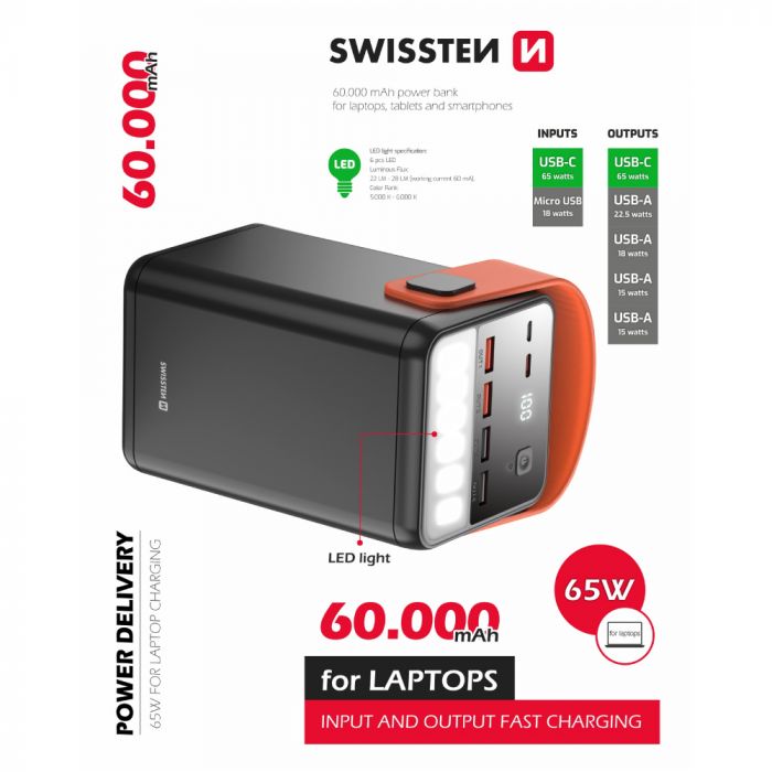 Універсальна мобільна батарея Swissten 60000mAh 65W Black (8595217481299)
