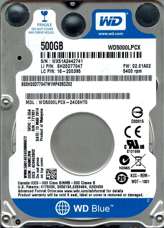 Накопичувач HDD 2.5" SATA 500GB WD Blue 5400rpm 16MB (WD5000LPCX)