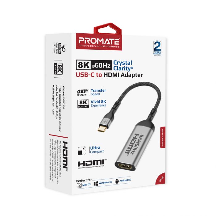 Адаптер Promate MediaLink-8K USB Type-C - HDMI (M/F) Grey