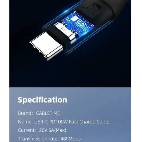 Кабель Cabletime USB Type-C - USB Type-C (M/M) PD 100W, 2 м, Black (CU02L)