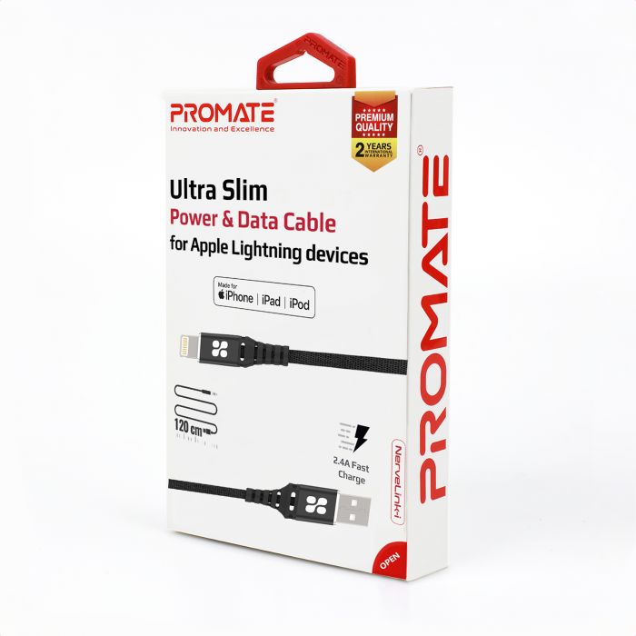 Кабель Promate USB - Lightning (M/M), 2.4 A, 1.2 м, NerveLink-i Black