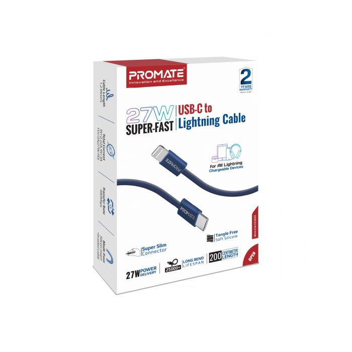 Кабель Promate EcoLine-Ci120 USB Type-C - Lightning (M/M), 3 A, 27 W, 1.2 м, Navy