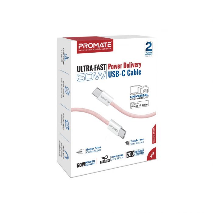 Кабель Promate EcoLine-CC200 USB Type-C - USB Type-C (M/M), 3 A, 60 W, 2 м, Pink