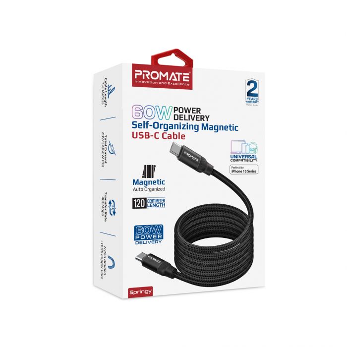 Кабель Promate Springy USB Type-C - USB Type-C (M/M), 3 A, 60 W, 1.2 м, Black