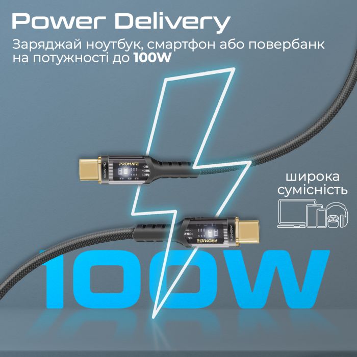 Кабель Promate Lucidline-CC200 USB Type-C - USB Type-C (M/M), 5 A, 100 W, 2 м, Black