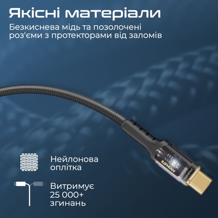 Кабель Promate Lucidline-CC200 USB Type-C - USB Type-C (M/M), 5 A, 100 W, 2 м, Black
