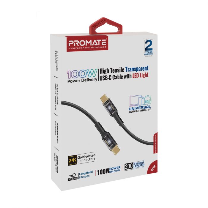 Кабель Promate Lucidline-CC200 USB Type-C - USB Type-C (M/M), 5 A, 100 W, 2 м, Black