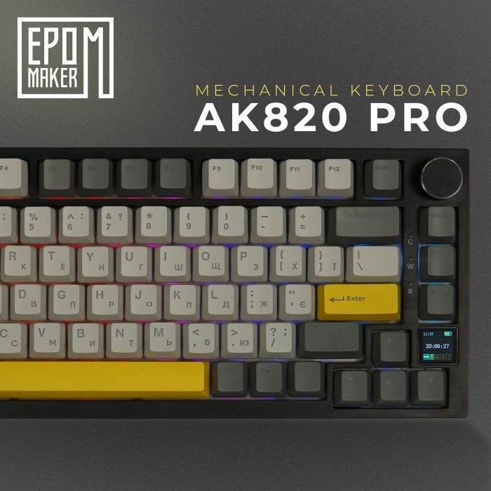 Клавіатура бездротова Epomaker AK820 Pro 75% Gift Switch Hot-Swap (2.4G/BT/USB) LCD Screen RGB UA Black (AK820-PRO-B-G)