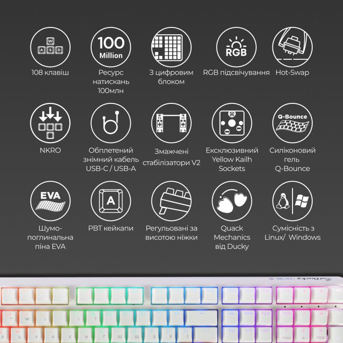 Клавіатура Ducky One 3 Cherry MX Blue RGB UA USB White (DKON2108ST-CUAPXPWWWSC1)