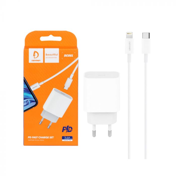 Мережевий зарядний пристрій Denmen DC06 (1USB 3.6A) PD20W+QC3.0 White (DM-DC06L-WH) + кабель Lightning