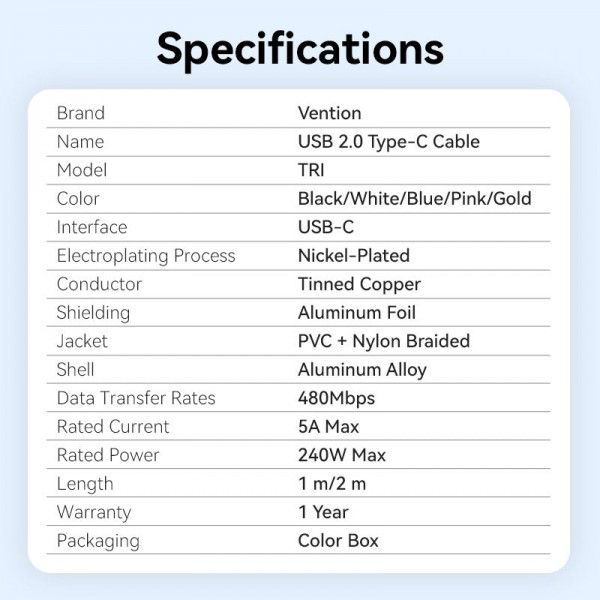 Кабель Vention USB Type-C - USB Type-C (M/M), 240W, 5A, 2 м, Black (TRIBH)