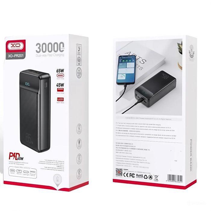 Універсальна мобільна батарея XO PR201 PD 65W QC 3.0 30000mAh Black