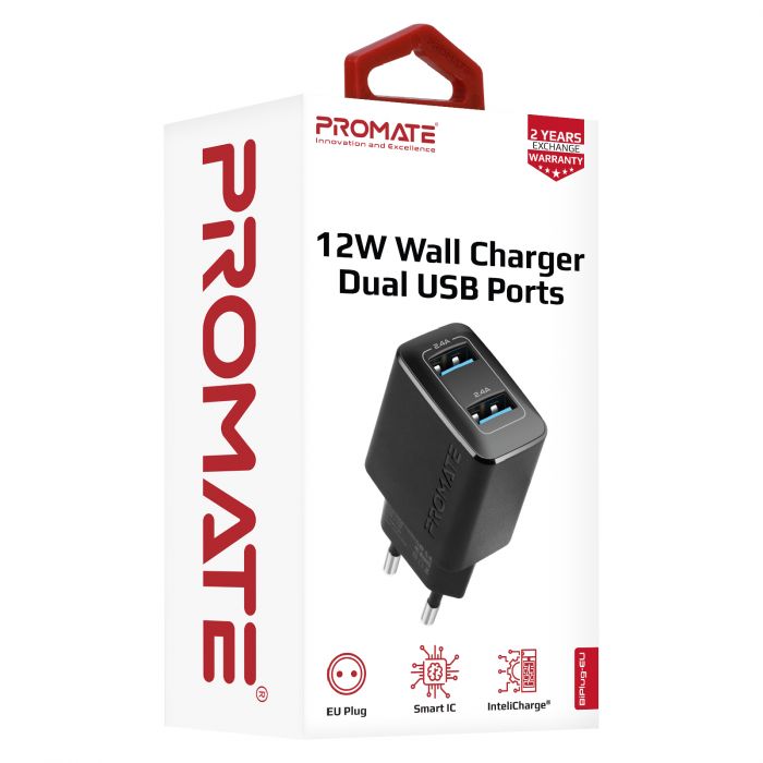 Зарядний пристрій Promate BiPlug 12W Black
